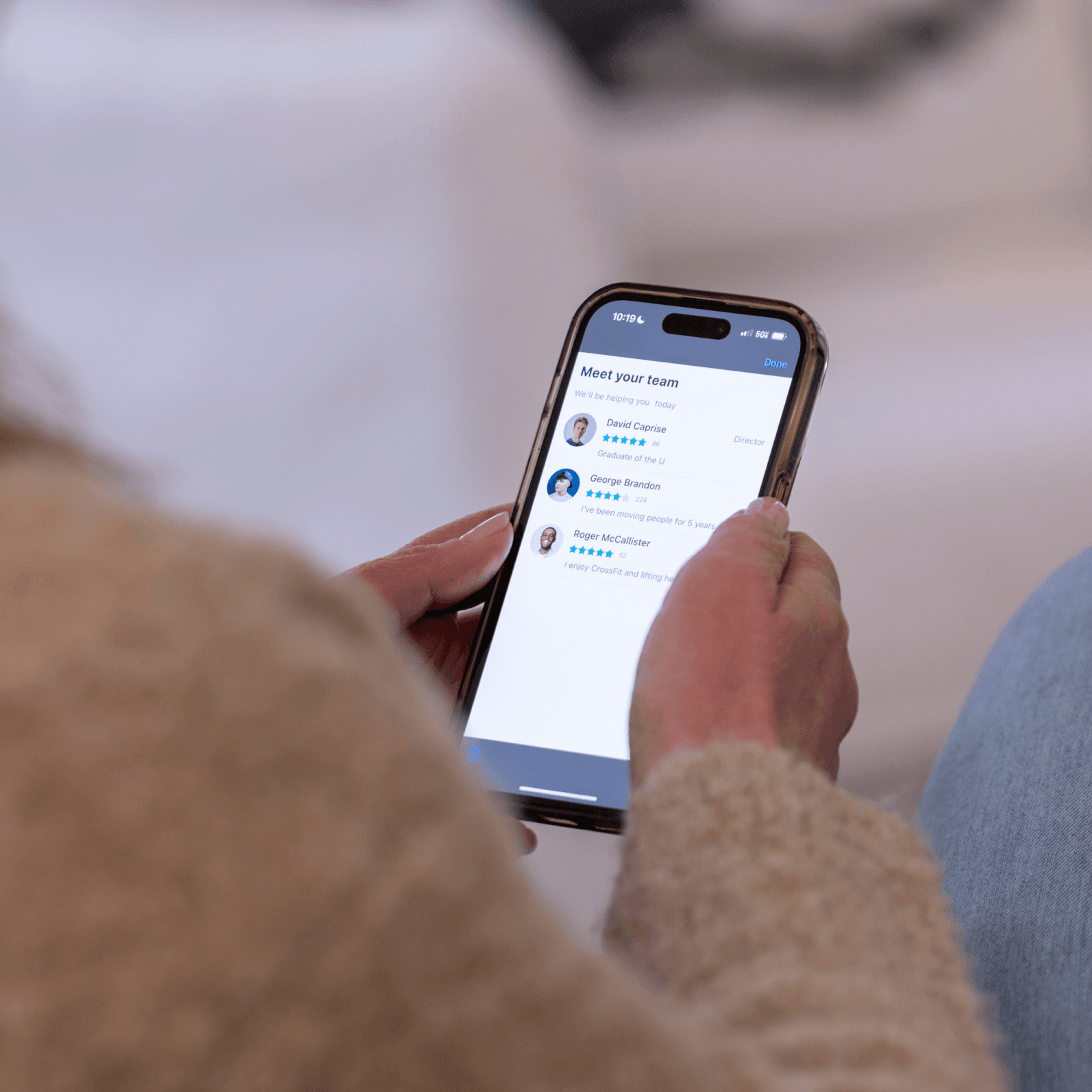 The MYLO app showing the service team assigned to an upcoming appointment
